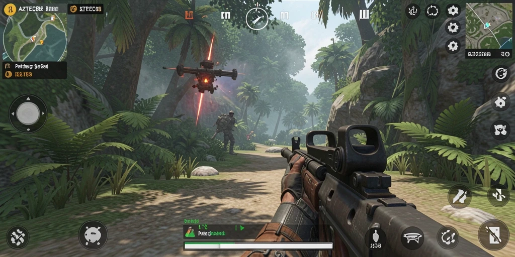 Screenshot gameplay AZTEC88 menampilkan aksi menembak yang mendebarkan.