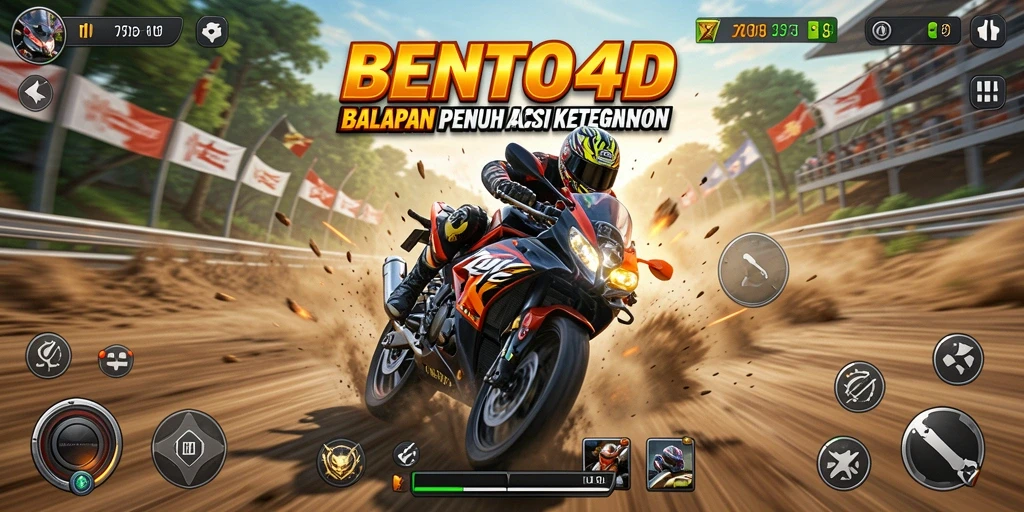 Screenshot gameplay BENTO4D menampilkan aksi balapan motor yang intens.
