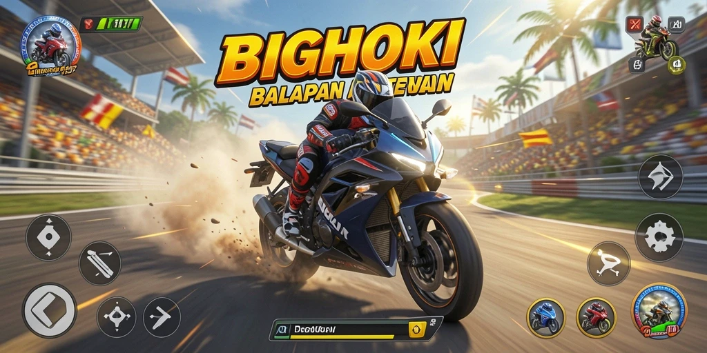 Screenshot gameplay BIGHOKI menunjukkan aksi balapan motor yang mendebarkan.