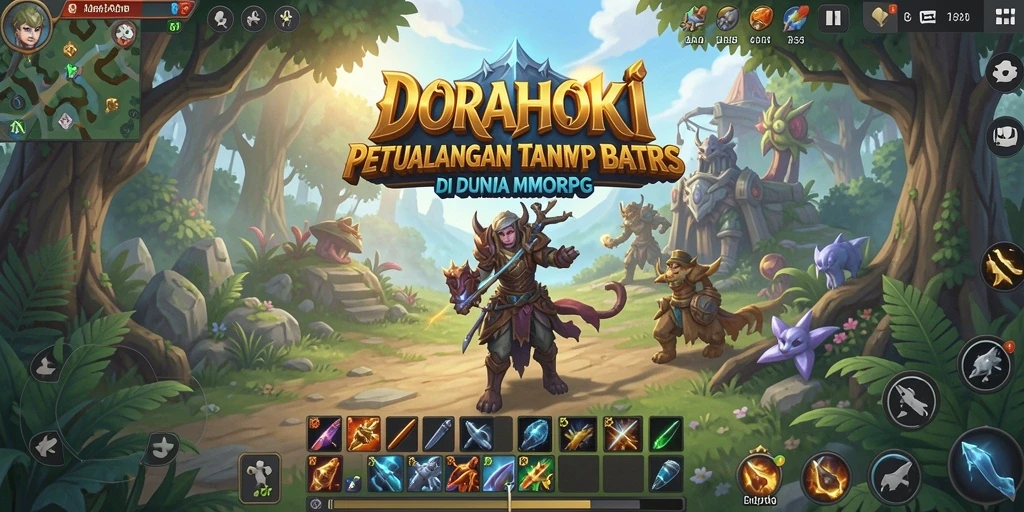 Screenshot utama DORAHOKI menampilkan aksi pertarungan seru dalam arena MMORPG.
