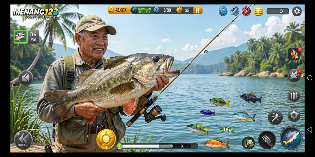 Tampilan gameplay <strong>MENANG123</strong> saat menangkap ikan di lokasi menarik.