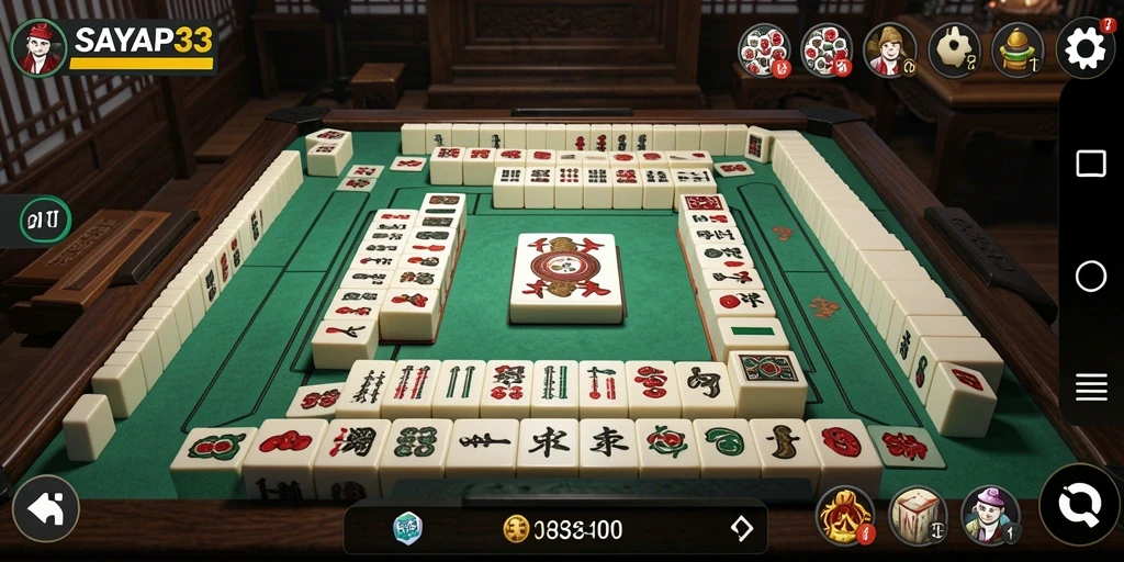 Screenshot SAYAP33 menampilkan gameplay Mahjong yang mendebarkan dan penuh strategi.