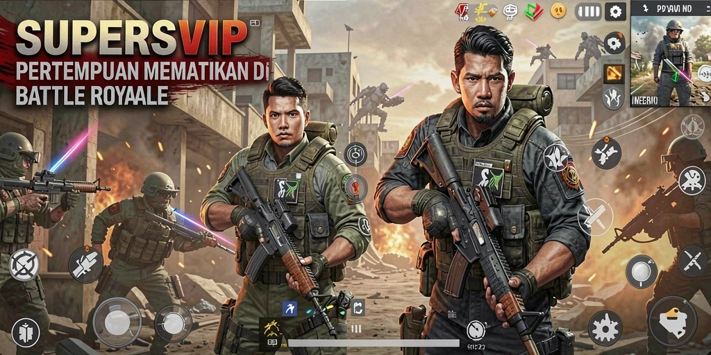 Screenshot gameplay SUPERSVIP menampilkan pertempuran mendebarkan di arena Battle Royale.